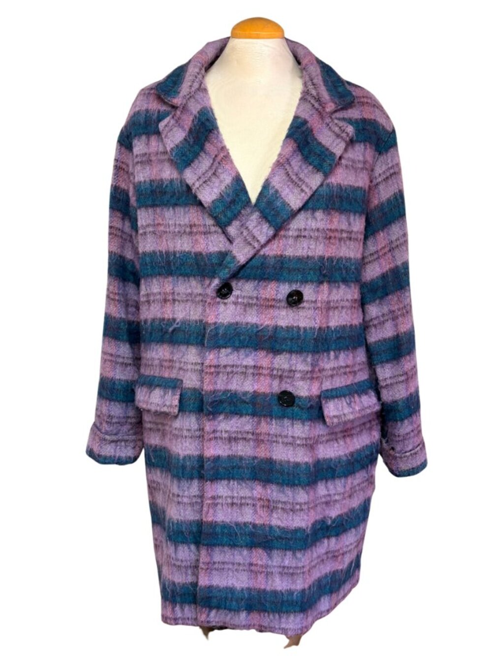 Striped Double-Breasted Pea Coat in Lavender & Teal